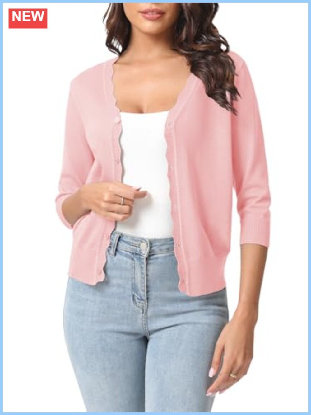Women's Lightweight V-Neck Cropped Cardigan 3/4 Sleeve Knit Sweater